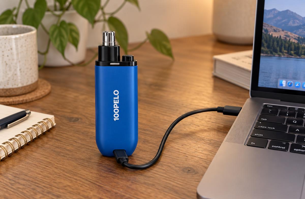 100PELO azul carregando no cabo USB-C sobre a mesa