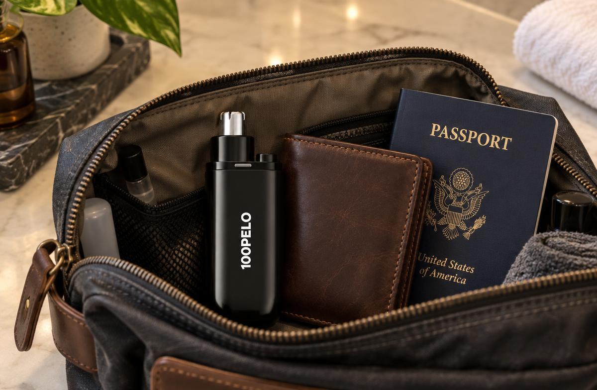 100PELO preto dentro da nécessaire de viagem com carteira e passaporte
