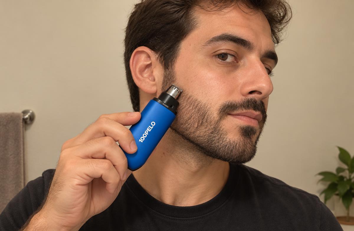 Cliente aparando a barba com o 100PELO azul