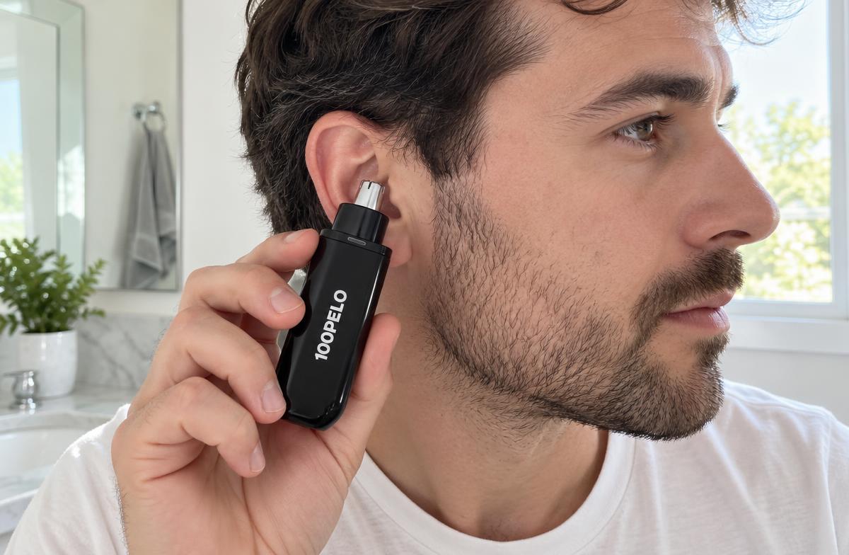 Cliente usando o 100PELO preto na orelha