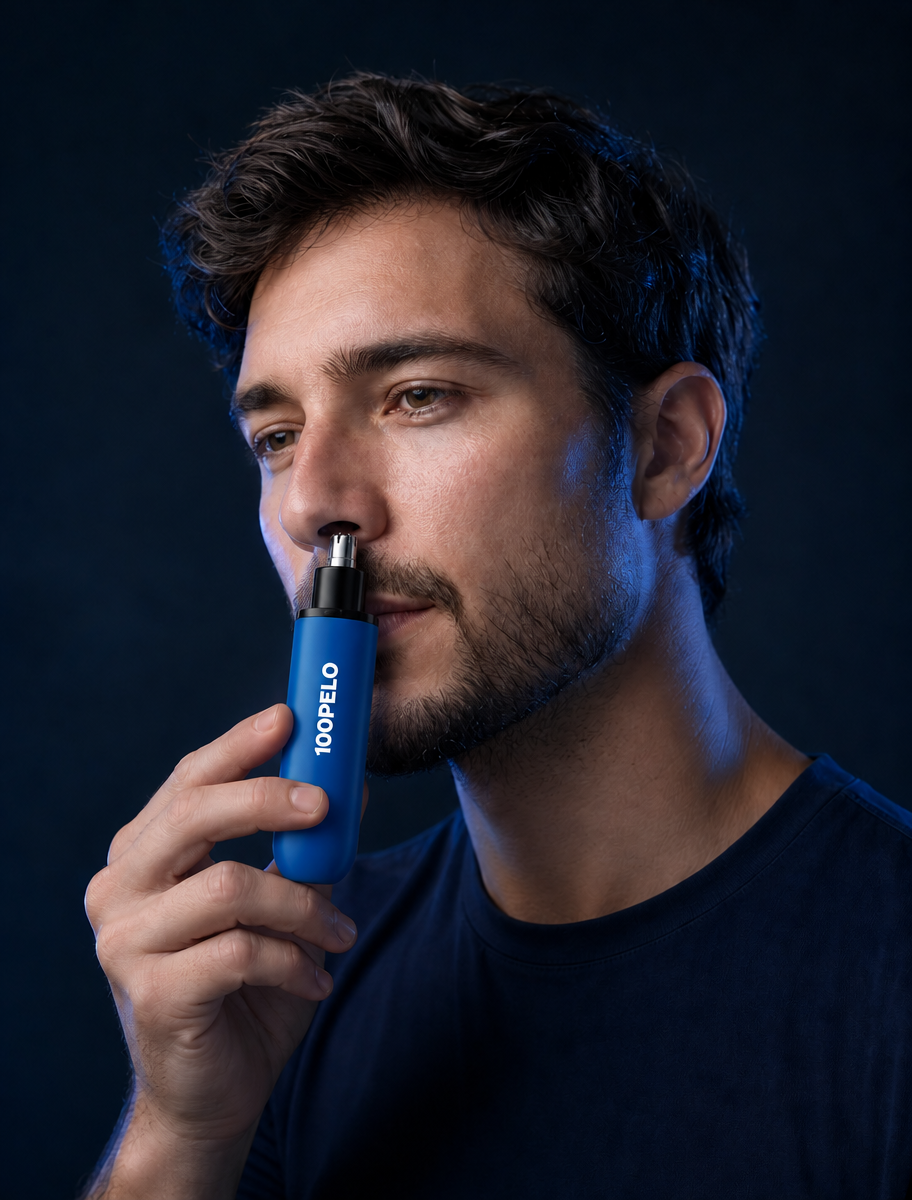 Homem usando o 100PELO azul no nariz